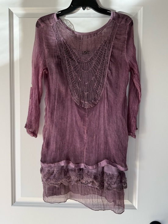 M Made In Italy Tops - Womens Lace-Trim Plum Long Sleeve Tunic Top